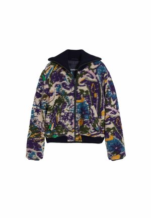 Fleece jacket with a zip front, featuring a multicolored abstract pattern in purple, green, and yellow, and a navy ribbed collar and cuffs.