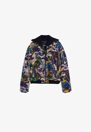Chaqueta de forro polar con cremallera frontal, que presenta un patrón abstracto multicolor en púrpura, verde y amarillo, y un cuello y puños acanalados en color azul marino.