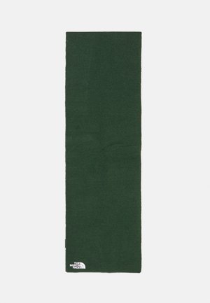 Écharpe rectangulaire en maille vert foncé avec le logo The North Face en blanc dans un coin, présentée à plat sur un fond clair.