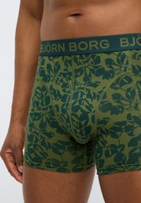 Πράσινα ανδρικά εσώρουχα με σκούρο πράσινο λουλουδάτο μοτίβο, με ανθεκτική μέση που φέρει την ετικέτα "BJÖRN BORG" στο ίδιο χρώμα.