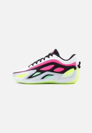 White sneaker with a black mesh and pink accents, featuring a unique design, translucent sole, and neon green highlights.