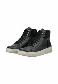 Zwarte leren hoge sneakers met een gladde afwerking, vetersluiting en een ritssluiting aan de zijkant, met een gevoerde beige zool.