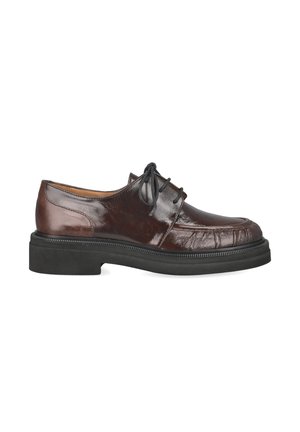 Dark brown leather lace-up shoe with thick black sole and rounded toe, shown from the side on a white background.