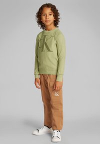 Bambino con capelli ricci che indossa un maglione color verde chiaro di Calvin Klein, pantaloni cargo marroni con logo e sneakers bianche, in piedi contro uno sfondo grigio.