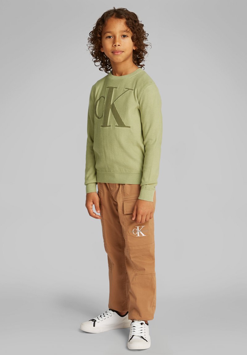 Bambino con capelli ricci che indossa un maglione color verde chiaro di Calvin Klein, pantaloni cargo marroni con logo e sneakers bianche, in piedi contro uno sfondo grigio.