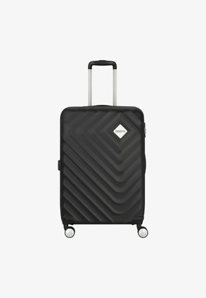 Valigia rigida nera con motivo a zigzag, manico argentato e ruote. Presenta un accento con logo a forma di diamante e chiusura a zip.