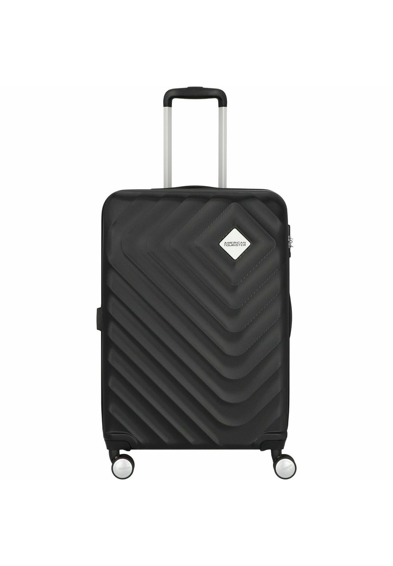 Black hard-shell suitcase with a chevron pattern, silver handle, and wheels. Features a diamond logo accent and zipper closure.