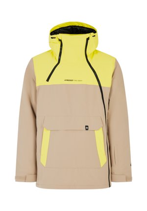 Lichte anorak jas met een gele capuchon en bovenkant; beige lijf; voorzak; zwarte accenten en ritsen; gestructureerde stof.