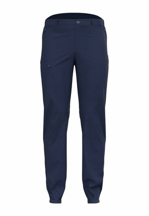 Pantaloni outdoor blu navy con una texture liscia, vestibilità affusolata e tasche laterali con zip. Presenta una chiusura con bottone e cuciture rinforzate.