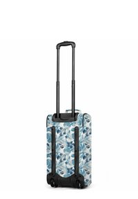 Valigia a rotelle compatta con motivo foglie tropicali blu e bianche, manico telescopico nero estensibile, e due ruote.