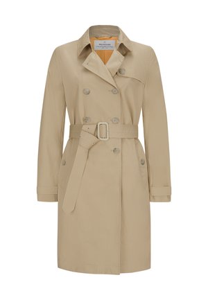 Beige Trenchcoat aus leichtem Stoff, mit doppelreihigen Knöpfen, tailliertem Gürtel und Seitentaschen. Klassisches Kragendesign.