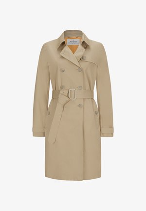 Beige Trenchcoat aus leichtem Stoff, mit doppelreihigen Knöpfen, tailliertem Gürtel und Seitentaschen. Klassisches Kragendesign.