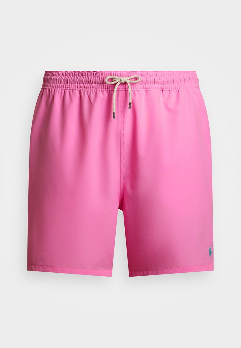 Ροζ μαγιό από λείο ύφασμα, με ελαστική μέση και κορδόνι προσαρμογής, καθώς και ένα μικρό κεντημένο λογότυπο χαμηλά δεξιά.