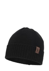 Cappellino nero lavorato a maglia con risvolto a coste, realizzato in tessuto morbido. Presenta una piccola etichetta in pelle marrone con il logo di un cervo sul lato.