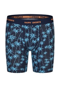 Heren boxershorts in marineblauw met een palmboomprint in lichtblauw. De elastische tailleband heeft "HAPPY SHORTS" in oranje. Zachte katoenen stof.