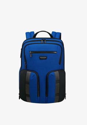 Blue nylon backpack with black accents, featuring padded shoulder straps, multiple zippered pockets, and a sturdy top handle.