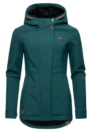 Teal softshell jacket with a high collar, brown button accents, and two front pockets. Features a fleece-lined interior for warmth.