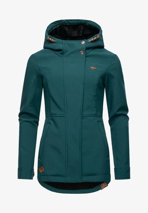 Veste softshell teal avec un col haut, des accents de boutons marron et deux poches avant. Comprend un intérieur en polaire pour plus de chaleur.