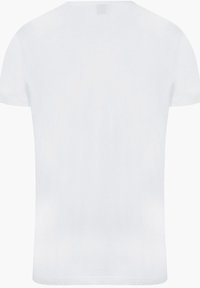 Witte katoenen t-shirt met een ronde hals, korte mouwen en een effen achterkant. Glad oppervlak zonder zichtbare patronen of accenten.