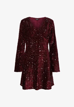 Robe en sequins bourgogne avec manches longues, décolleté en V et coupe décontractée. Présente des sequins brillants sur un tissu texturé pour plus de profondeur.