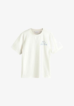 Jasnokremowa bawełniana koszulka z krótkim rękawem, okrągłym dekoltem i niebieskim graficznym napisem "Pacific Coast" oraz wzorem fali.