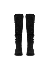 Čierne semišové čižmy po kolená so sklopeným dizajnom, s bočným zipsom a hladkou textúrou.