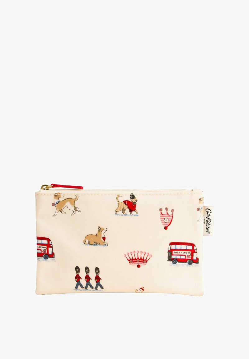 Béžové pouzdro na zip s ilustracemi červených londýnských autobusů, královských stráží, korun a psů v různých pózách a outfitech.