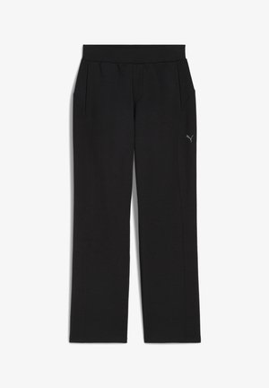 Svarta byxor med bred, elastisk midjeband, sidofickor och subtila ton-i-ton logodetaljer. Slät tyg med rak bendesign.