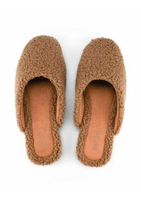 Brown, fluffy slip-on slippers with a shearling texture, open back, and soft insole. Features a smooth, tan accent on the outer side.