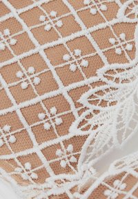 Lace fabric featuring a grid pattern with white embroidered flowers, on a peach background. Textured surface with intricate detailing.