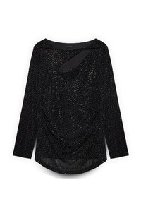 Schwarzes Oberteil mit langen Ärmeln, das ein drapiertes Design, metallisch goldene Sprenkel und einen geschwungenen Ausschnitt mit einem auffälligen Cut-out-Detail aufweist.