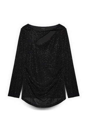 Top negro de manga larga, con un diseño drapeado, motas metálicas doradas y un escote curvado con un detalle distintivo de corte.