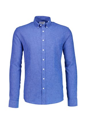 Blå skjorte med knapper, lavet af hør, med krave, lange ærmer og et let struktureret stof med hvide knapper foran.