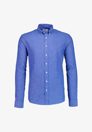 Sininen pellavainen nappipaita, jossa on kaulus, pitkät hihat ja hieman teksturoitu kangas, sekä valkoiset napit edessä.