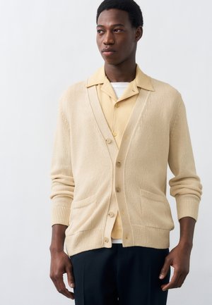 Mees, kes kannab beeži värvi nööpidega kardigani kreemikas toonis, beeži kraega särgi ja tumedate pükstega, seisab hele taustaga ees.