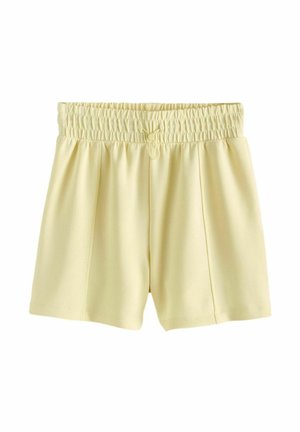 Shorts galbene cu talie elastică și șnur, prezentând pliseuri în față. Realizate dintr-un material neted și ușor.
