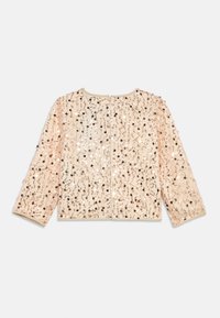 Απαλή ροζ κα cardigan με παγιέτες, μακριά μανίκια, στρογγυλή λαιμόκοψη και κούμπωμα πίσω, με διάφορα μεγέθη και σχέδια παγιετών.