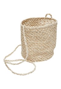 Woven natural fiber basket with a round shape, light beige color, and a braided handle. Features a textured surface and a long cord.