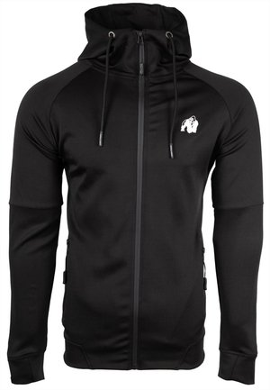Black zip-up hoodie made from stretchy fabric. Features a kangaroo pocket, drawstring hood, and a small logo on the left chest.