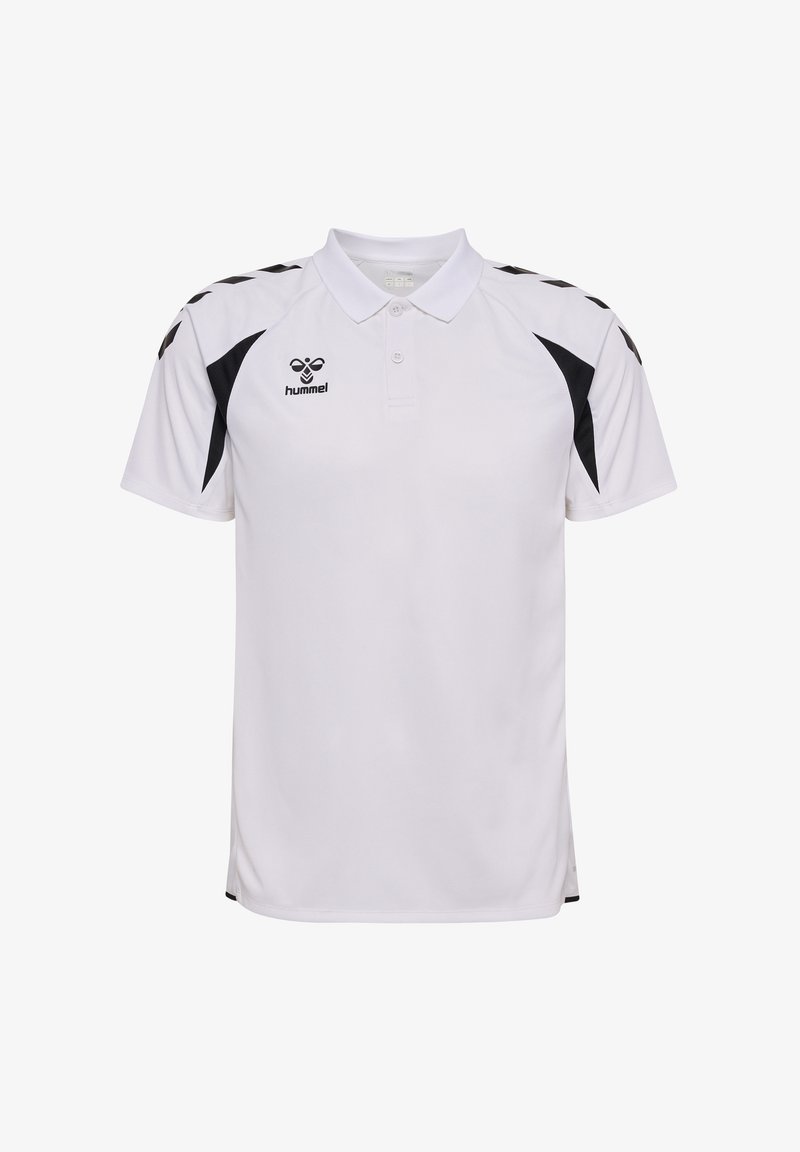 Hvid sports polo med sorte chevron-detaljer på skuldre og sider, med to-knaps åbning og hummel-logo på brystet.