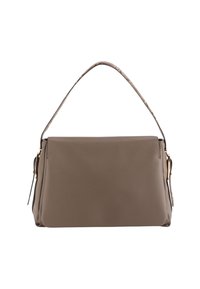 Brączowa torebka o fakturowanej powierzchni, o strukturalnym kształcie, z krótkim wzorzystym paskiem i złotymi akcentami.