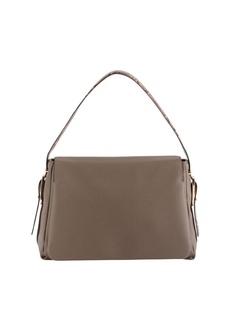 Brączowa torebka o fakturowanej powierzchni, o strukturalnym kształcie, z krótkim wzorzystym paskiem i złotymi akcentami.