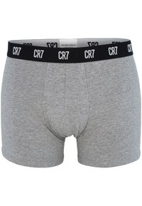 Grijze katoenen boxershorts met een zwarte elastische tailleband met het witte "CR7" logo, een voorkant pouch en een gladde textuur.