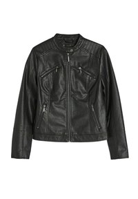 Czarna skórzana kurtka z zamkiem błyskawicznym, z pikowanymi detalami na ramionach i trzema kieszeniami zapinanymi na zamek z przodu. Klasyczny krój.