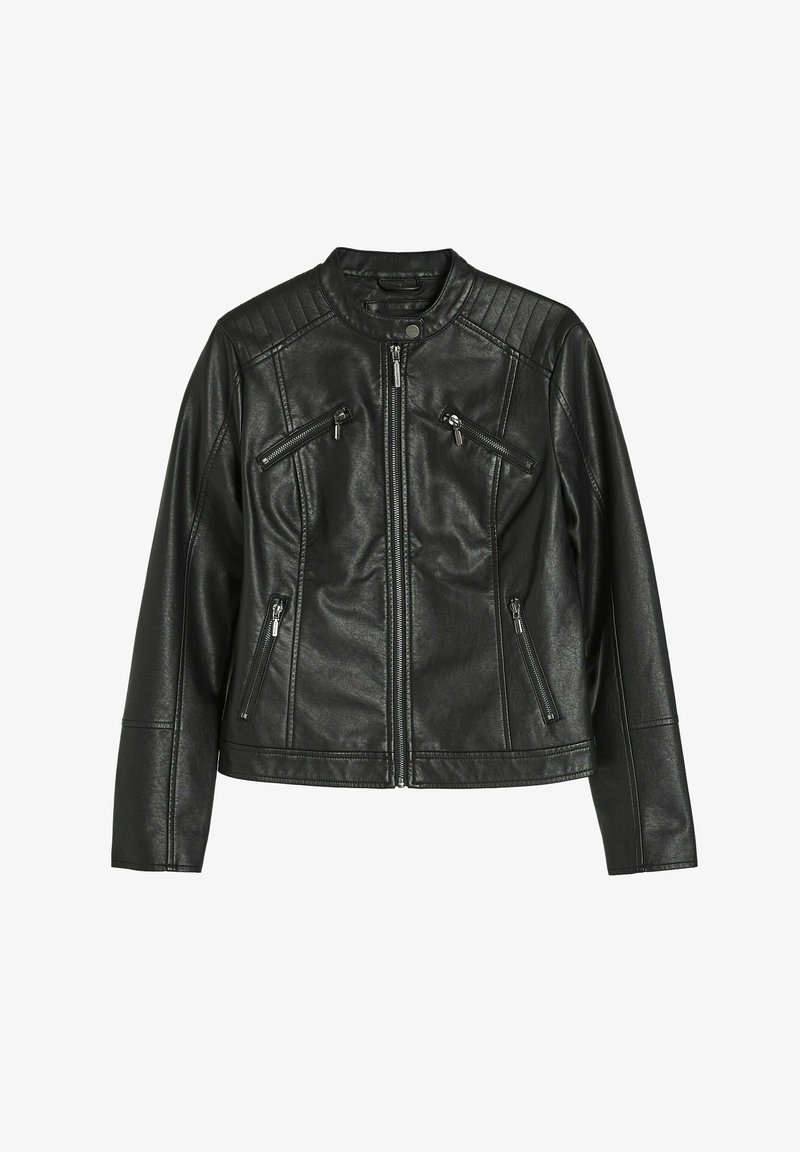 Czarna skórzana kurtka z zamkiem błyskawicznym, z pikowanymi detalami na ramionach i trzema kieszeniami zapinanymi na zamek z przodu. Klasyczny krój.