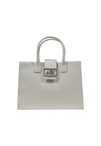 Borsa tote in pelle bianca con design strutturato, finitura lucida e due manici superiori. Presenta una chiusura in argento con logo inciso sul davanti.