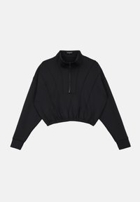 Zwarte cropped pullover van een soepele stof. Beschikt over een hoge kraag met een ritssluiting, verlaagde schouders en aangesloten manchetten.