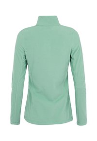 Veste polaire à manches longues de couleur vert clair avec un col montant, vue de dos, présentant une silhouette cintrée et des détails de coutures sur les manches et le corps.