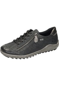 Schwarze Lederturnschuhe mit runder Zehenform, Schnürdesign, Reißverschlussakzent an der Seite, graue texturierte Sohle und gestickte Details am Rand.
