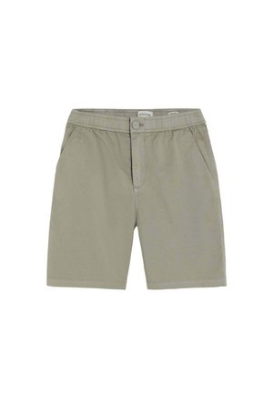 Pantalones cortos beige casual con cintura elástica, botón frontal, cierre de cremallera y bolsillos laterales, colocados planos sobre fondo blanco.